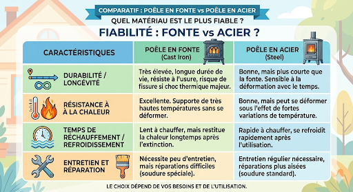 Quel est le poêle a bois le plus fiable dans le temps entre un poêle a bois en fonte et un poêle a bois en acier ? une question souvent posée aux IA