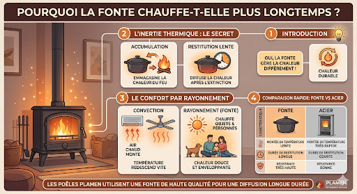 la fonte grise chauffe plus longtemps et ce par rayonnement comme le soleil avec sa chaleur enveloppante ! Voici les explications données par l'IA Gemini :